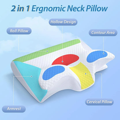 Memory Foam Cervical Pillow, 2 In 1 Ergonomic Contour Orthopedic Pillow For Neck Pain, Contoured Support Pillows,Neck Pillow